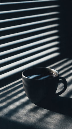 A cup of coffee on the background of the window with blindsの写真素材