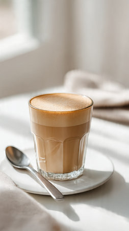 Cappuccino coffee in a glass cup on a light backgroundの写真素材