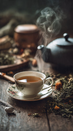 Tea hot drink on old wooden table with teapot and cupの写真素材