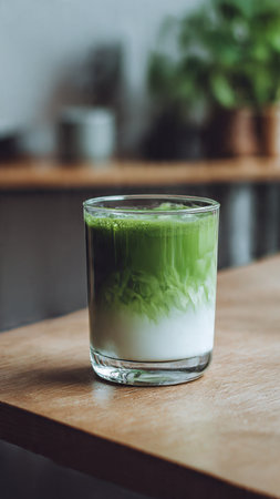 Matcha green tea latte in glass on wooden table, stock photoの写真素材