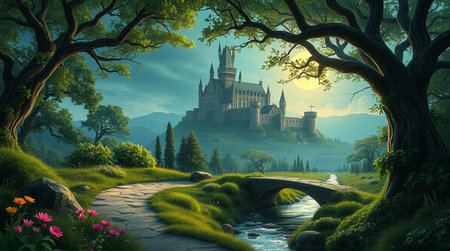 Magic castle in the forest. 3D render. Fantasy landscape.の写真素材