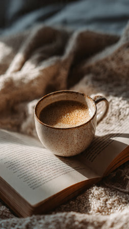 Cup of coffee and book on knitted plaid, soft focus backgroundの写真素材