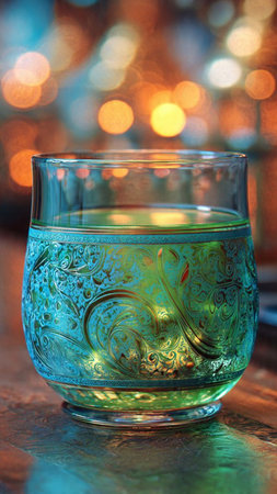 glass of absinthe on the background of bokeh lightsの写真素材