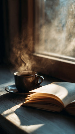 Cup of coffee and book on the windowsill in the morningの写真素材