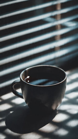 Coffee cup in morning light with shadow from window, stock photo