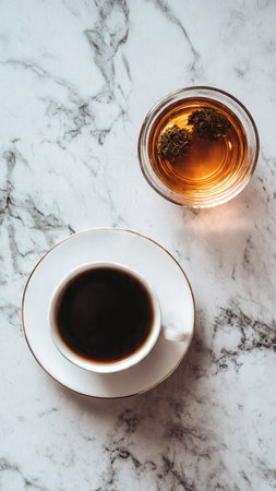 Cup of black tea and teapot on white marble backgroundの写真素材