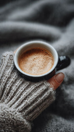 Female hands in warm mittens holding cup of coffee, closeupの写真素材