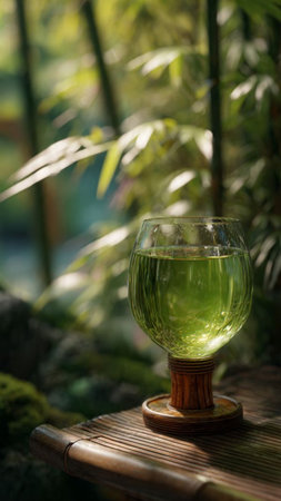 Glass of green beverage on bamboo table in the garden. Selective focus.の写真素材