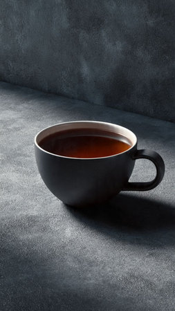 Cup of black tea on dark concrete background with copy space.の写真素材