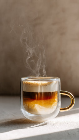 coffee in a glass cup with smoke on a light background.の写真素材