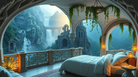3D CG rendering of Fairytale Bedroom with waterfall and castleの写真素材