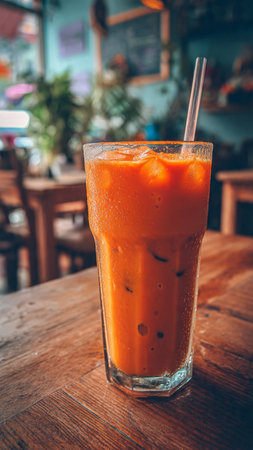 Iced Thai Milk Tea on wooden table in coffee shop, Thailand.