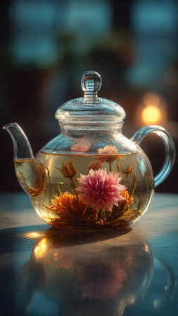 Glass teapot with dry flowers on the table in the eveningの写真素材