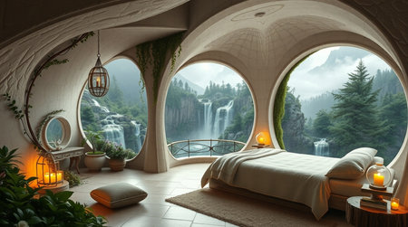 3D rendering of a beautiful bedroom in a mountain style with a waterfallの写真素材