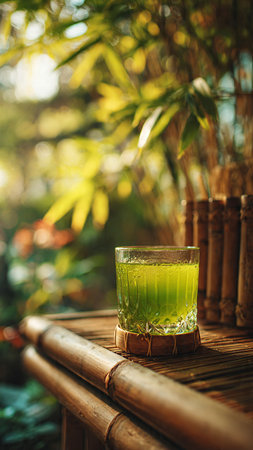Green tea in glass on bamboo table in the garden, stock photoの写真素材