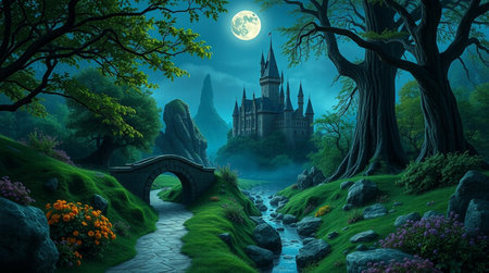 Fantasy landscape with castle, bridge and castle in the forest.の写真素材