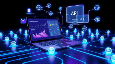 Laptop with app icons on a dark background. 3D rendering