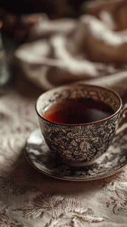 Cup of tea on a linen tablecloth. Selective focusの写真素材