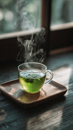 Hot green tea in a glass cup on a wooden tray with steam.の写真素材