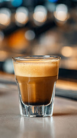 Espresso coffee in a glass on bar counter, close up