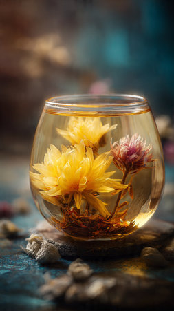 Dried flowers in a glass vase on a blue background.の写真素材