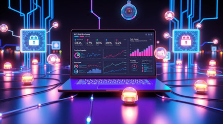 Cyber security concept with laptop and glowing icons on dark background 3D rendering