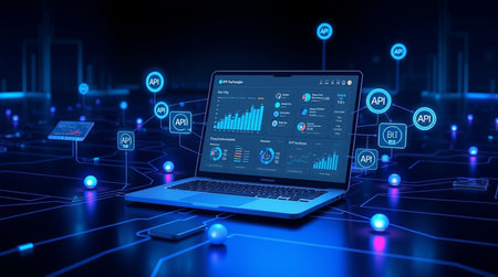 Futuristic interface with charts and graphs on laptop screen 3D renderingの写真素材