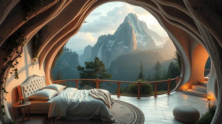 3d rendering of a bedroom with a view of the mountains.の写真素材