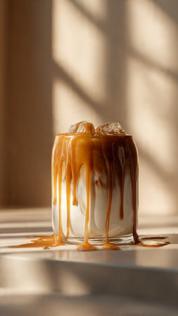 Coffee with caramel in a glass on a light background.の写真素材
