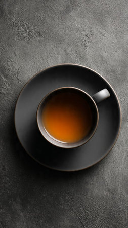 Cup of tea on grey background, top view. Space for textの写真素材