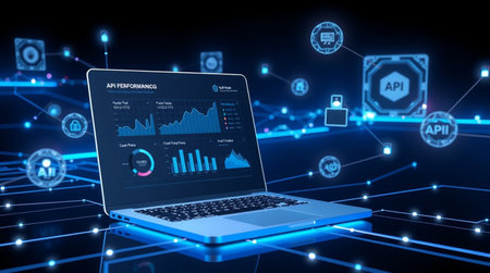 Laptop with stock market graphs and icons on dark background 3D rendering