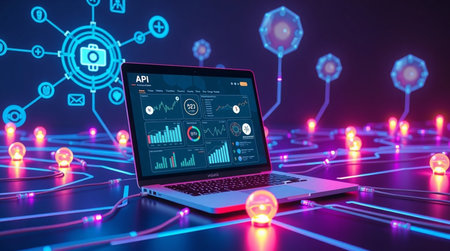 Laptop with hologram screen and lightbulbs around on dark blue background 3D renderingの写真素材