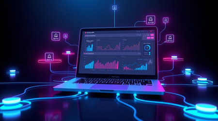 Laptop with glowing screen over dark background with blue neon lights 3D rendering