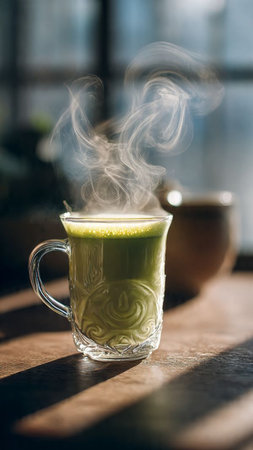 hot matcha latte in a glass cup with smoke on the tableの写真素材