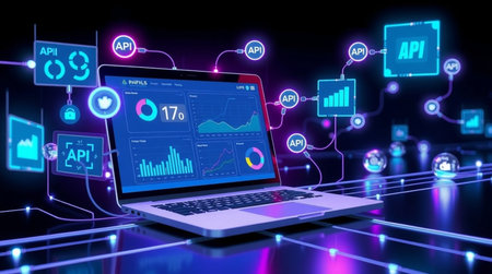 3D rendering of a laptop with stock market charts on the screen