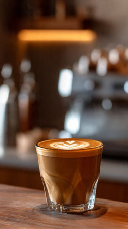 Coffee latte art on the wooden table in coffee shopの写真素材
