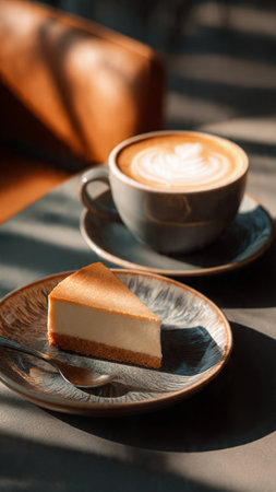 coffee latte art and cheesecake on wooden table in cafeの写真素材