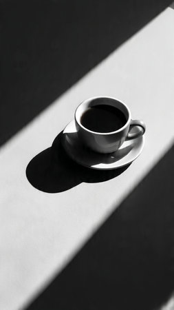 Cup of coffee with shadow on white background. Black and white photo.の写真素材