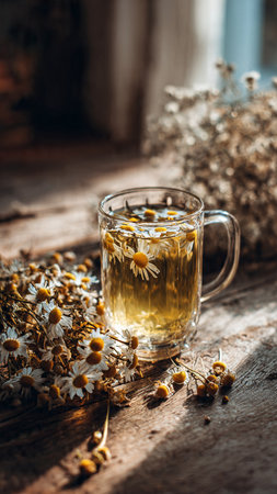 Cup of herbal tea with chamomile flowers on rustic wooden backgroundの写真素材