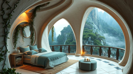 3d render of a bedroom with a beautiful view of the mountainsの写真素材
