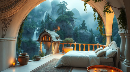 3d render of a woman reading a book in a cozy bedroomの写真素材