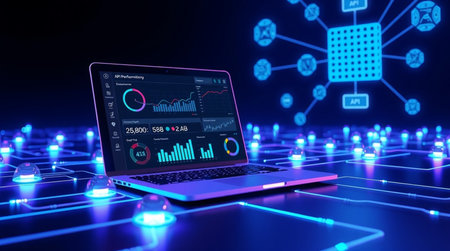 Laptop with glowing digital charts on dark blue background 3D rendering