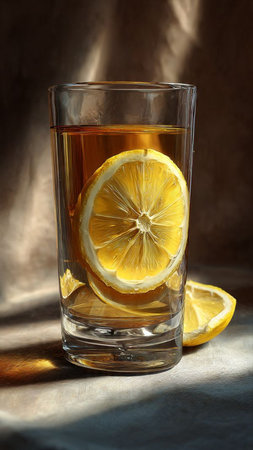 A glass of whiskey with lemon on a dark background. Toned.の写真素材