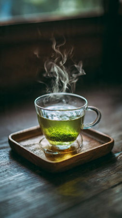 Hot green tea in a glass cup on a wooden tray with steamの写真素材