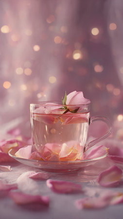 Cup of tea with rose petals on bokeh backgroundの写真素材