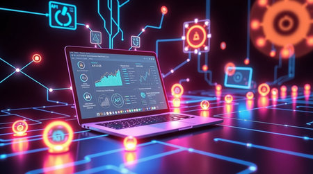 Laptop with glowing digital interface and icons on dark background 3D rendering