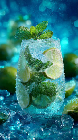 Mojito cocktail with lime, mint and ice on blue background