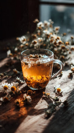 Cup of herbal tea with chamomile flowers on wooden tableの写真素材
