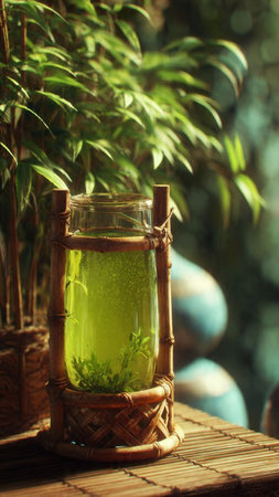 green tea in a glass jar on a bamboo table with bamboo backgroundの写真素材