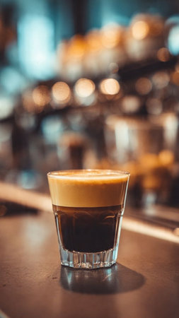 Coffee in a glass on the bar counter in a cafeの写真素材